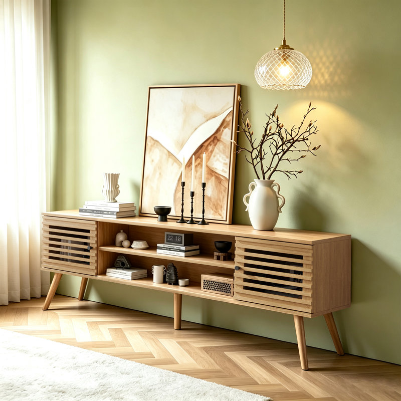61" Mid Century Modern Tv Stand For 50/55/60/70 Inch Tv, Tv Media Console With Slatted Doors For Tvs Up To 70", Entertainment Center With Storage For Living Room, Bedroom, Oak