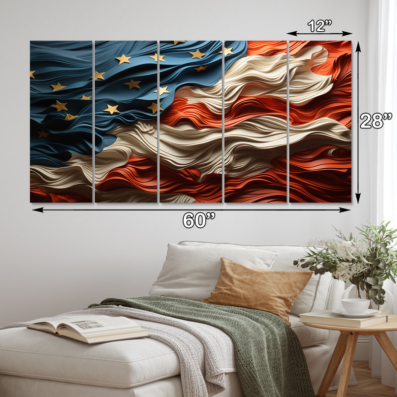 Drapeau moderne des États-Unis II - art mural sur toile, 5 panneaux égaux