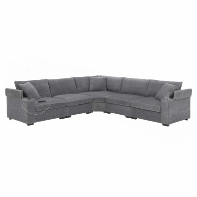 106" Convertible L Shaped Sectional Sofa,Corduroy Corner Couch with Armrest Storage,Cup Holders,USB Charger,Irregular Corner,Oversized Comfy Modular Sofa for Living Room,Apartment