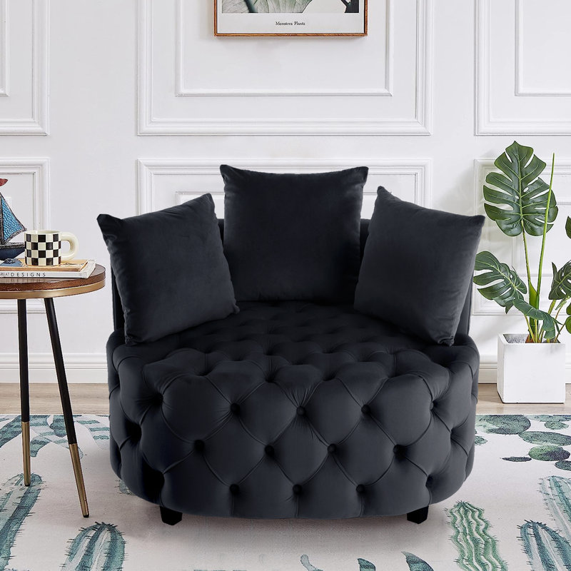 Keoka 36.6'' Wide Tufted Velvet Big Barrel Chair with Three Pillows, Black Velvet