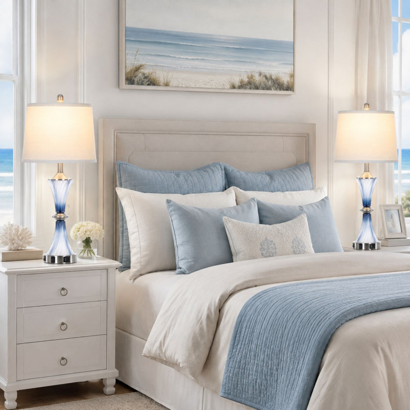 28" Coastal Crystal Glass Table Lamps with USB & Type-C Charging Ports, Gradient Blue Glass Accent Lamps with LED Bulbs Included