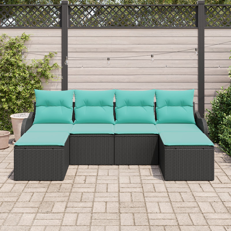 Ensemble de canapé de jardin vidaXL 6 pièces en rotin de polyester noir et turquoise