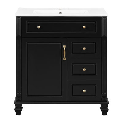 Ensemble de meuble-lavabo noir 30 po, armoire autoportante avec lavabo en céramique, 3 tiroirs, rangement rabattable et armoire latérale, fabrication en bois et en panneau de fibres à densité moyenne