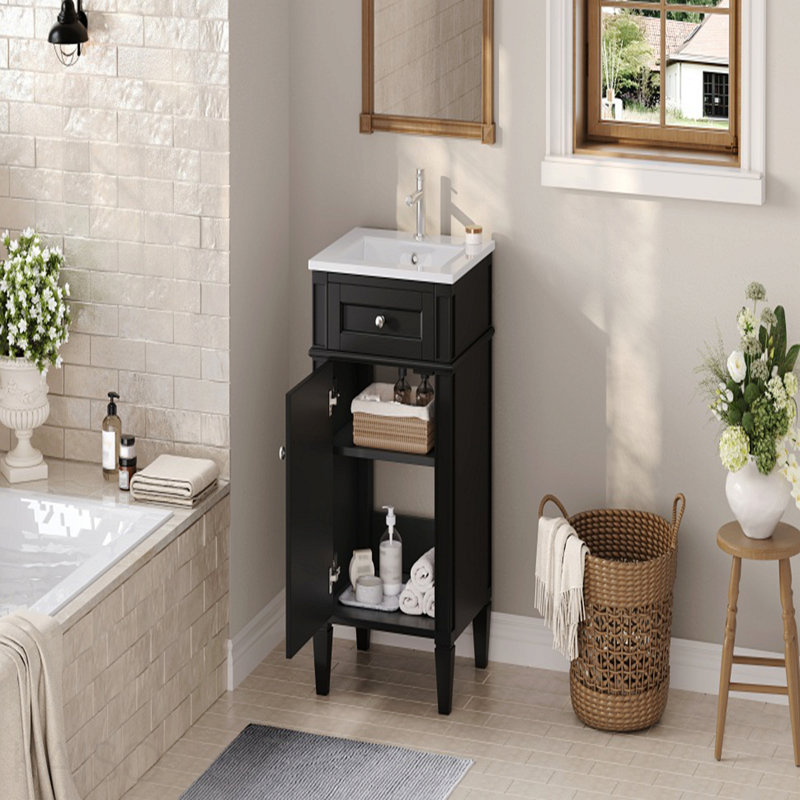 Ensemble de meuble-lavabo simple 18 po avec lavabo en céramique, ensemble de meuble-lavabo autoportant avec porte à fermeture douce, tablette réglable, style français, pieds pleins, noir