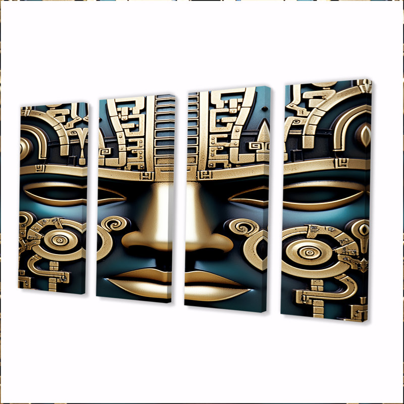 Golden Aztec Teal Mask - Native American Art, ensemble de 4 décorations murales, H 28 po x l 48 po