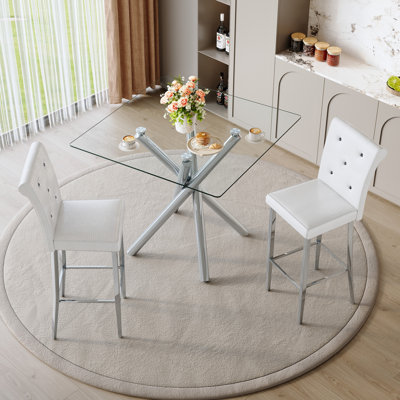 Table de pub ronde en verre trempé avec 2 tabourets de bar à hauteur fixe, comptoir fixe et repose-pieds intégré, ensemble de bar moderne en cuir blanc chromé pour cuisine