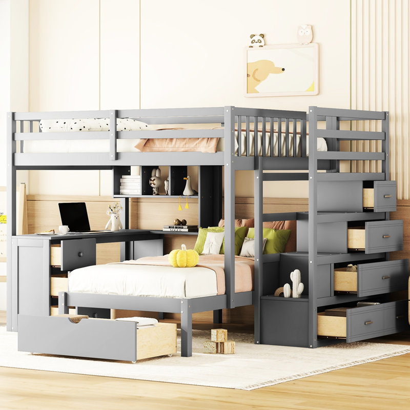 Lit double superposé double au-dessus d'un lit simple gris avec bureau fonctionnel et espace de rangement spacieux - Finition pour un sommeil confortable