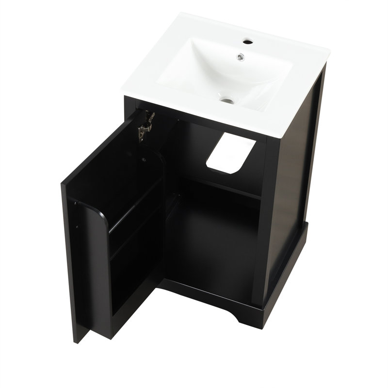 Meuble-lavabo de 20 po avec lavabo, armoire de salle de bain avec porte à fermeture douce, support de rangement et tablette réglable, noir