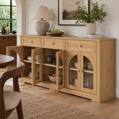 Buffet de 173 cm (68 po) avec 3 tiroirs et 6 portes cintrées en verre trempé, grand buffet avec étagères ajustables, noir