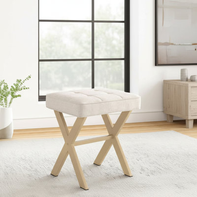 Modern Square Linen Vanity Stool With Metal X-Shaped Legs And Padded Seat, Small Ottoman/Footrest For Dresser, Dressing Room And Bathroom.