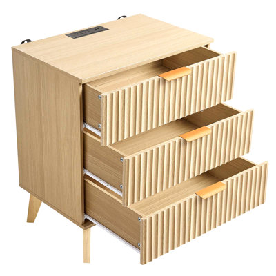 Table de chevet cannelée avec station de charge, avec 3 tiroirs, commode pour chambre à coucher, table de bout moderne Mid-Century, commode de table de chevet pour commode, pour chambre à coucher, salon, kaki