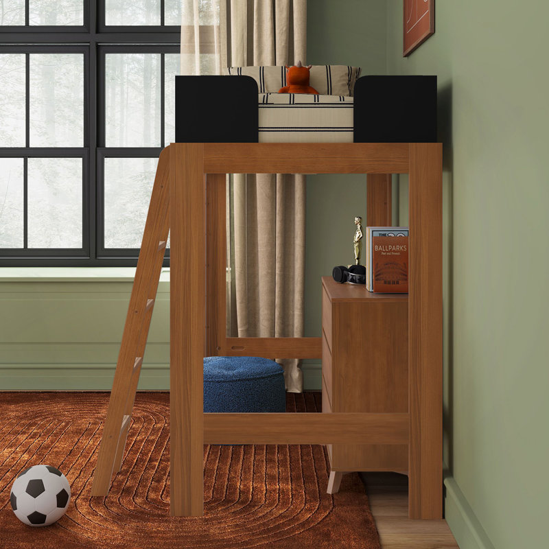 Ambur Twin Solid Wood Loft Bed, Pecan/Black