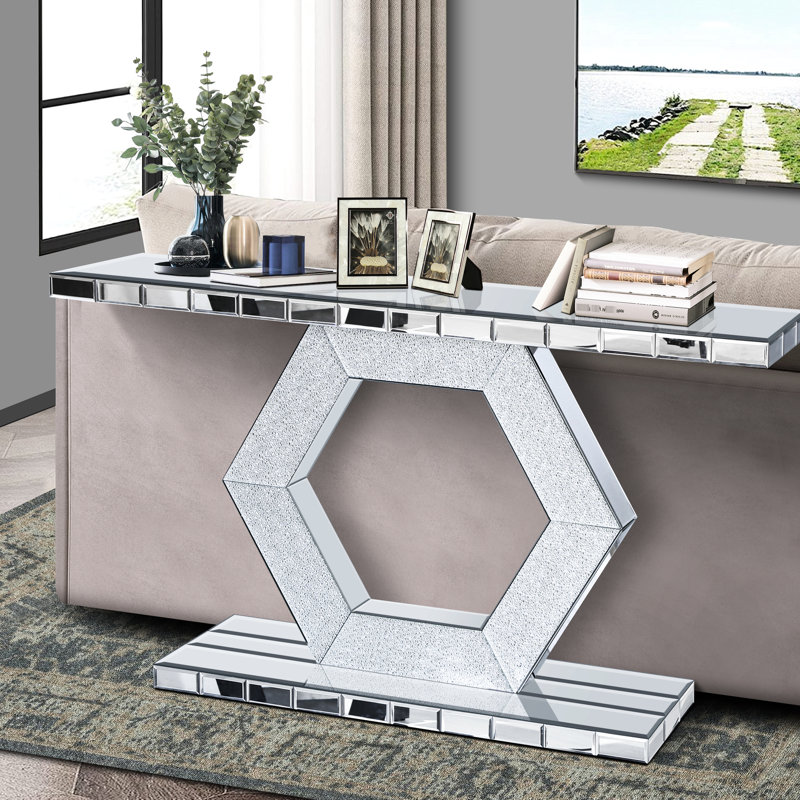 Console à double miroir en verre diamant scintillant avec cadre en bois massif, idéale pour la décoration d'un corridor ou d'un hall d'entrée hexagonal.