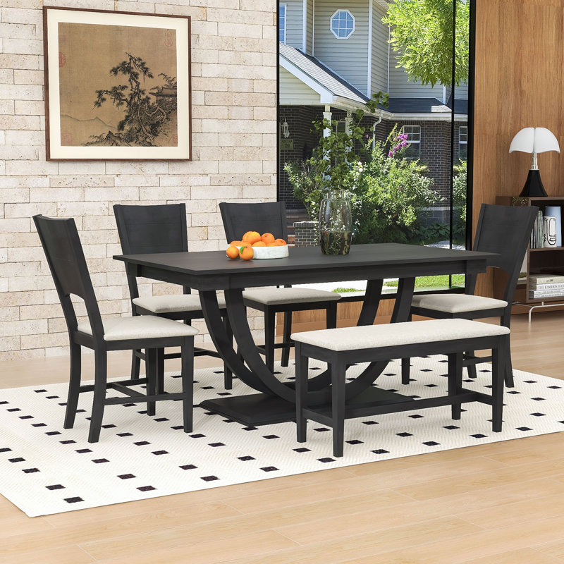 6-Piece Dining Table Set, Rectangular Dining Table with 4 Chairs and Bench, Gray