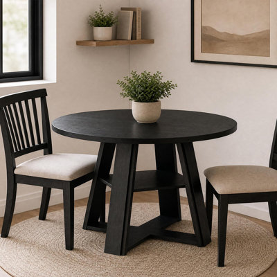 Table de salle à manger ronde 43 "avec tablette de rangement, table de cuisine de ferme moderne avec base à piédestal, table en bois noir pour 2 à 4 personnes