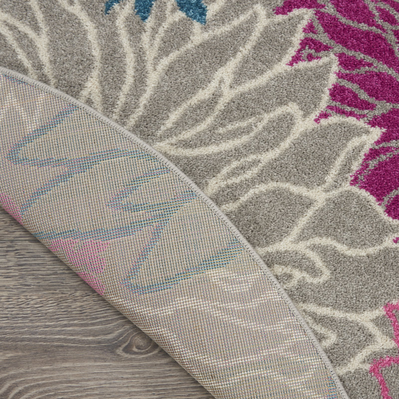 Tapis gris / rose / bleu à motif floral Carollee, Rond 4 pi