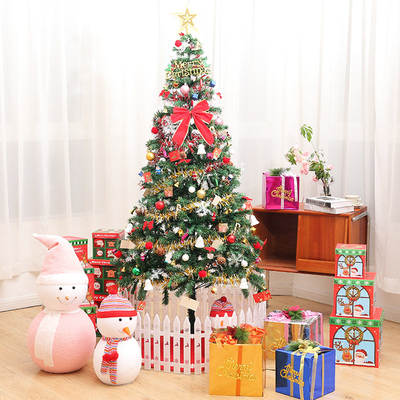 Sapin de Noël artificiel, 1,80 m, lumières DEL, 109 suspensions, jupe, garde-corps, intérieur 1,50 m