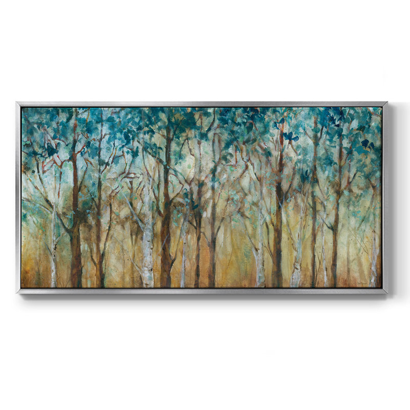 Sunlit Birch Grove - Toile tendue avec châssis encadré - Prêt à accrocher, Argent argent, H 17 po x l 33 po