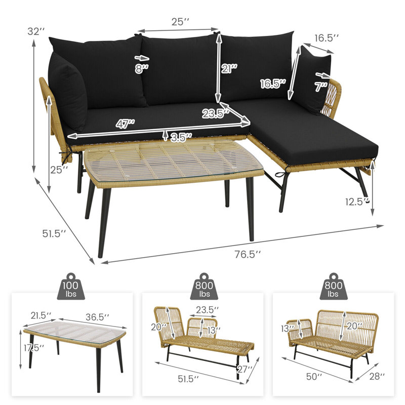 3 - Person Patio Conversation Set with Cushions, Black