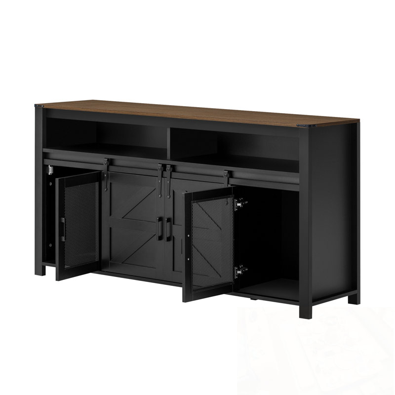 Buffet avec porte de grange coulissante, panneaux en filet et rangement ouvert, Noir