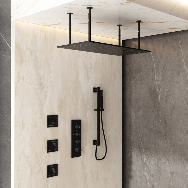 Rodeo 32"X16" Ceiling Mounted 3-Function Thermostatic Complete Shower System With Body Jets And Slide Bar