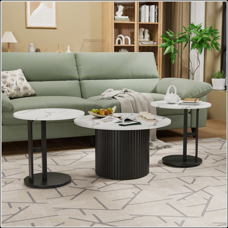 Ensemble de 3 tables basses modernes avec plateau en faux marbre et pieds en métal