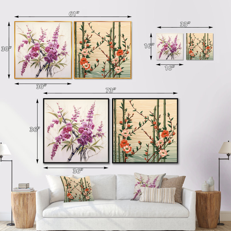 Bamboo and Plum Blossoms - Ensemble de 2 collages carrés en bambou, Cadre flottant noir, H 16 po x l 33 po