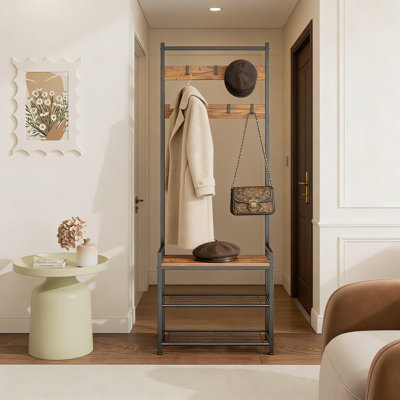 Arbre d'entrée 3-en-1 avec banc de rangement, étagère à chaussures et crochets réglables, meubles d'appoint en bois rustique avec structure en métal robuste pour l'organisation à la maison