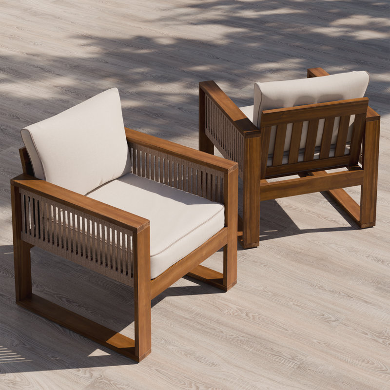 Chaises longues en bois d'acacia Aira avec coussins résistants à l'eau et décorations en corde
