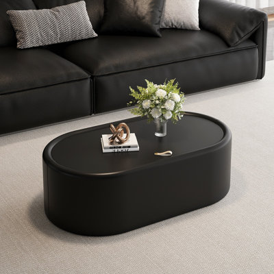 Table basse ovale cachée avec rangement - plateau en verre trempé certifié 3C et cuir recouvert de cuir de qualité supérieure, table basse moderne pour le salon