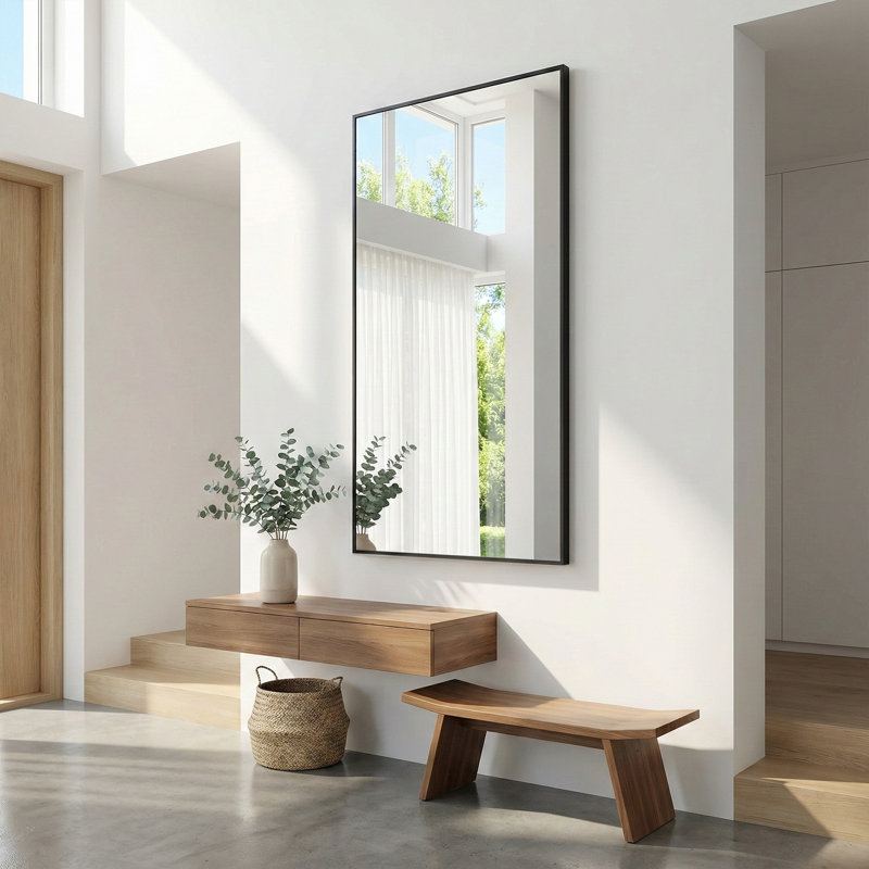 Miroir mural de salle de bain moderne à angles droits avec cadre en métal et verre trempé, Noir mat, 30 po x 55 po