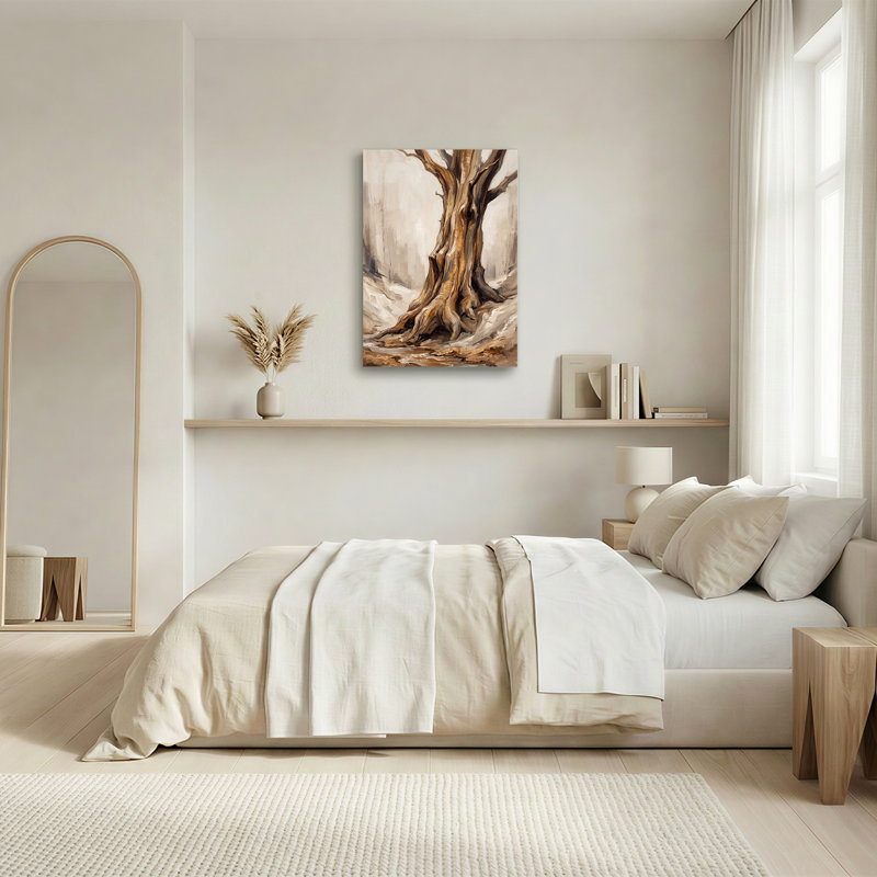 Tableau sur toile représentant un tronc d'arbre beige et brun aux racines apparentes dans une forêt blanche