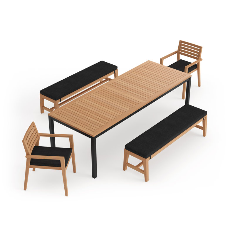 Outdoor Furniture Rhodes 5 Piece Dining Set with 96 in. Table & Bench Seating, Natural Teak, Cast Silver Sunbrella®