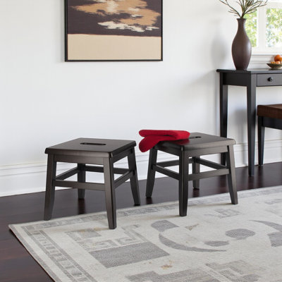 Elaine Solid Wood 2-Piece Square Stool Set in Coffee Finish, 11.85" H X 12.53" W X 12.53" D