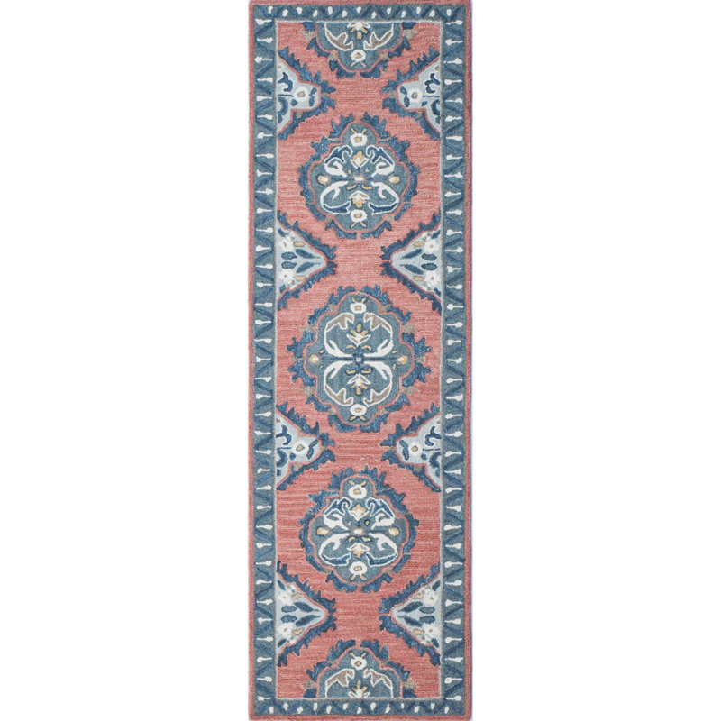 Tapis en laine crocheté à la main bleu / rouge délavé / crème Vintage Glory, Tapis de couloir 2 pi 6 po x 8 pi
