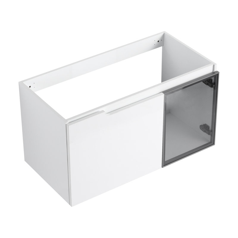 Meuble-lavabo mural 36 po, 2 portes à fermeture douce, meuble-lavabo blanc brillant et 1/2 porte en verre gris