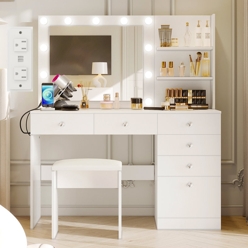 Coiffeuse Greyden avec miroir lumineux, prises de courant et 6 tiroirs, Blanc
