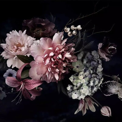 Dark Moody Floral Wall Mural Navy Blue Background Peony Rose Bouquet Wallpaper Vintage Botanical  Wallpaper For Bedroom Living Room