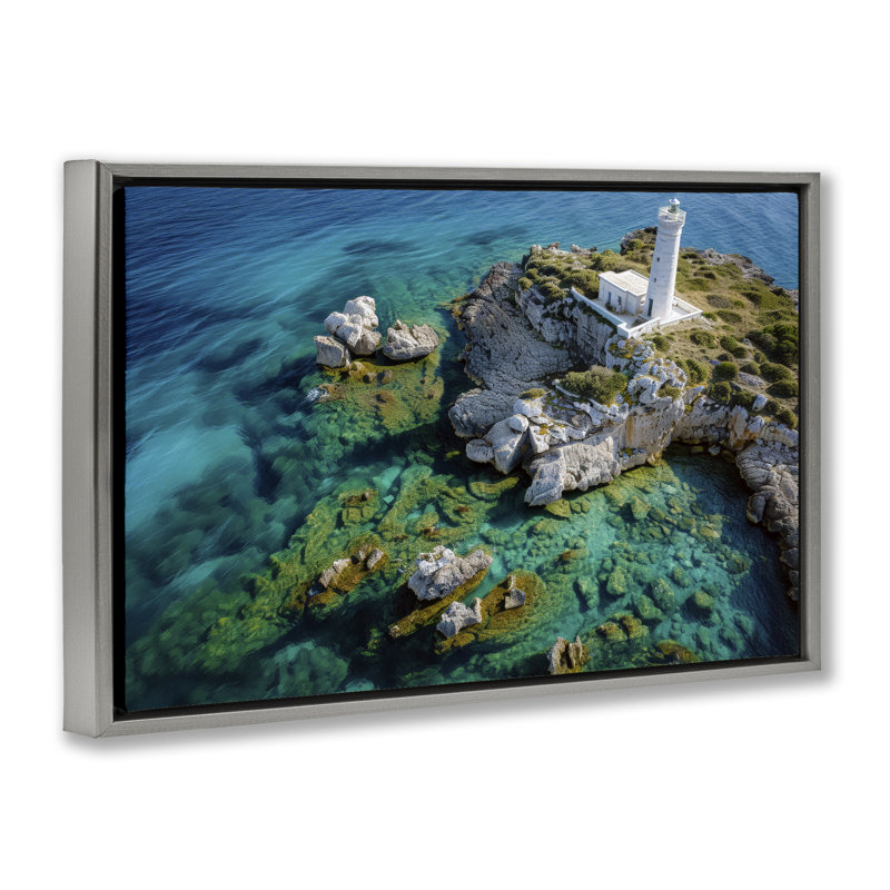 Phare avec cadre flottant de roches en bord de mer, design par Don Schwartz, H 17 po x l 25 po, Cadre flottant gris lustré