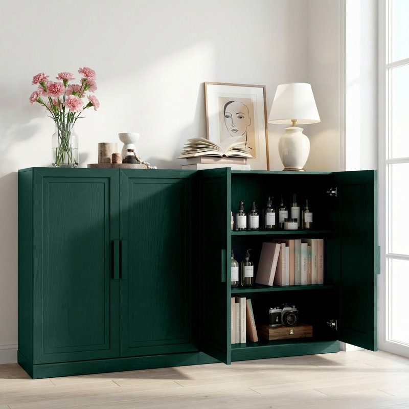 Buffet d'appoint moderne avec portes et tablettes réglables, H 36 po x l 62 po x P 16 po, Vert foncé