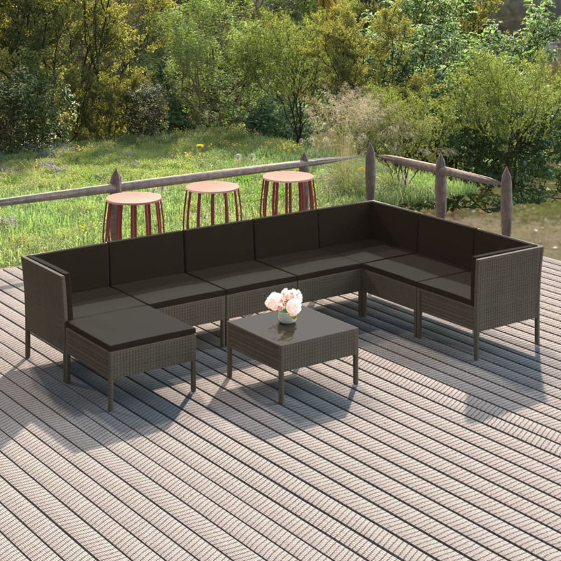 Lawenda Sectional Seating Group with Cushions, Gray, Black/Light Gray, 9Pcs: Table, 7 Chairs, Ottoman