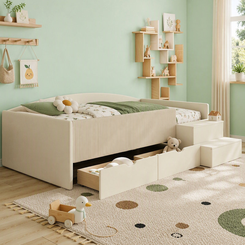 Structure de lit de jour rembourrée avec 2 tiroirs de rangement, Twin, Beige