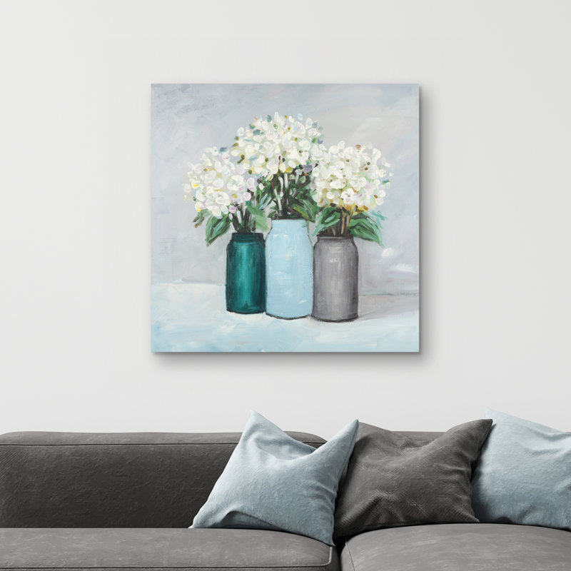 Hydrangea flowers in vases - 32"x32" art on canvas