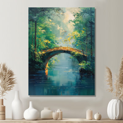 Green Beige Summer Waterway River Bridge - Bridges Wall Decor