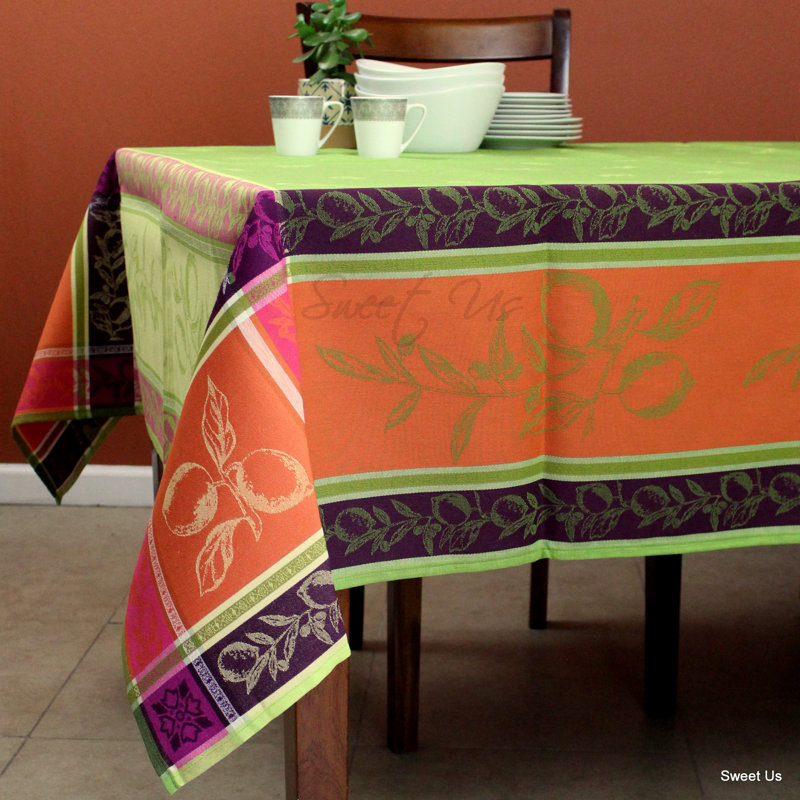Wipeable Stain Resistant Polytetrafluoroethylene Coated Provencal Jacquard Cotton Lemon Floral Tablecloth Collection