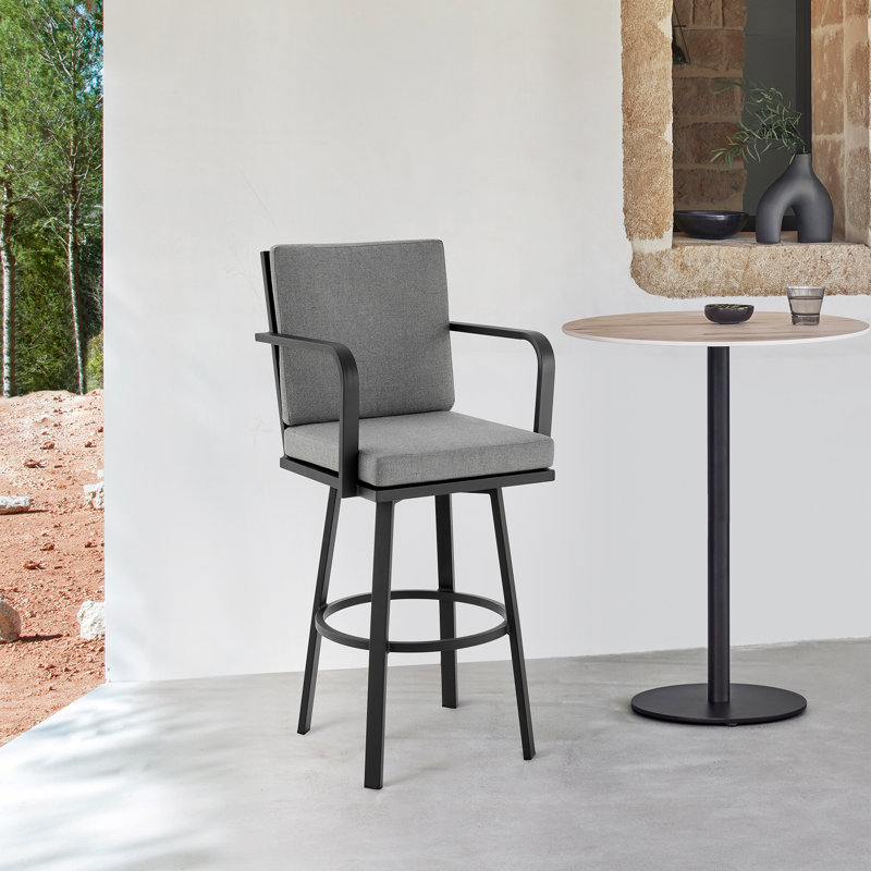 Cemalettin Aluminum Outdoor Stool with Cushion, Gray, Black, 26"