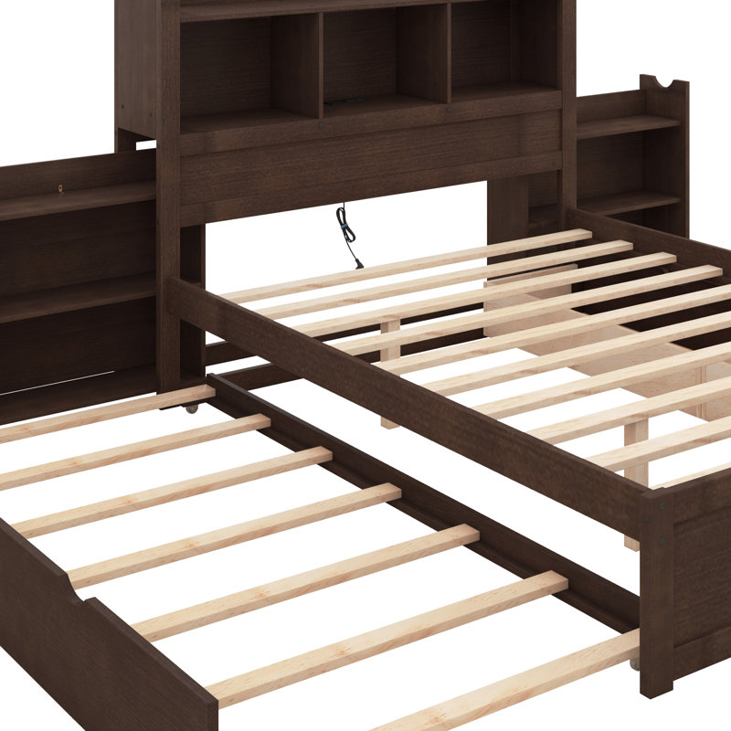 Full Size Storage Platform Bed With Pull Out Shelves, Twin Size Trundle And 2 Drawers