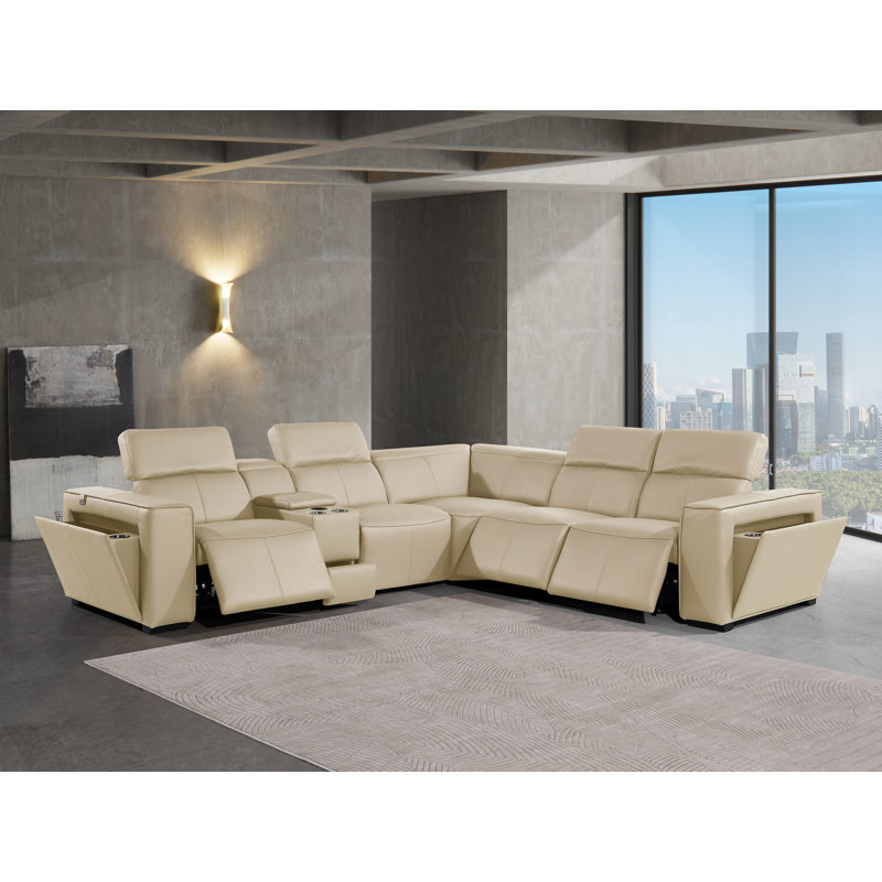 Top Grain Italian Leather 6-Piece L-Shaped Modular Power Reclining Sectional With 3 Power Recliners & Power Headrests