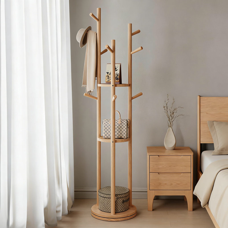 Solid Wood Rotating Coat Rack With 3 Shelves And 9 Hooks, Freestanding Heavy Duty Coat Tree For Entryway, Living Room, Bedroom, Organizer For Coats, Bags, And Accessories