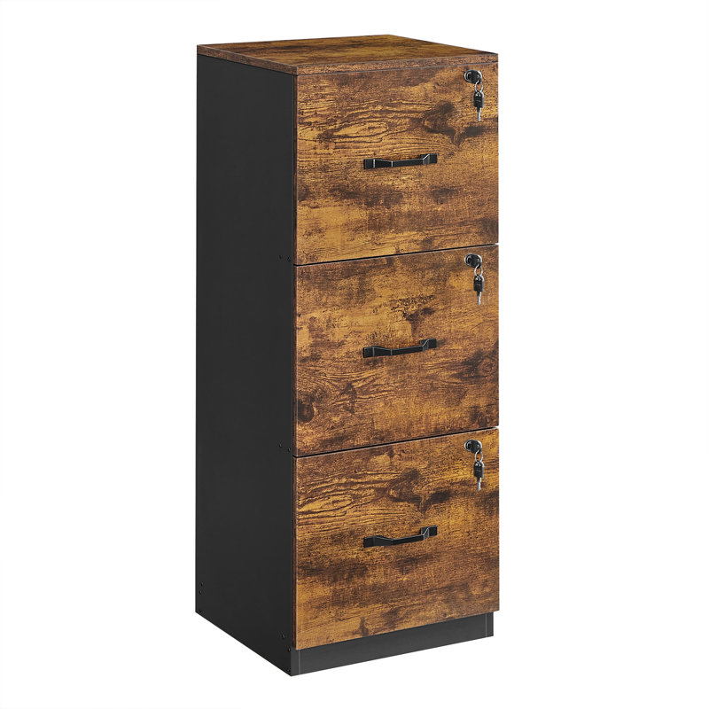 3-Drawer File Cabinet With Lock, Rustic Brown/Black